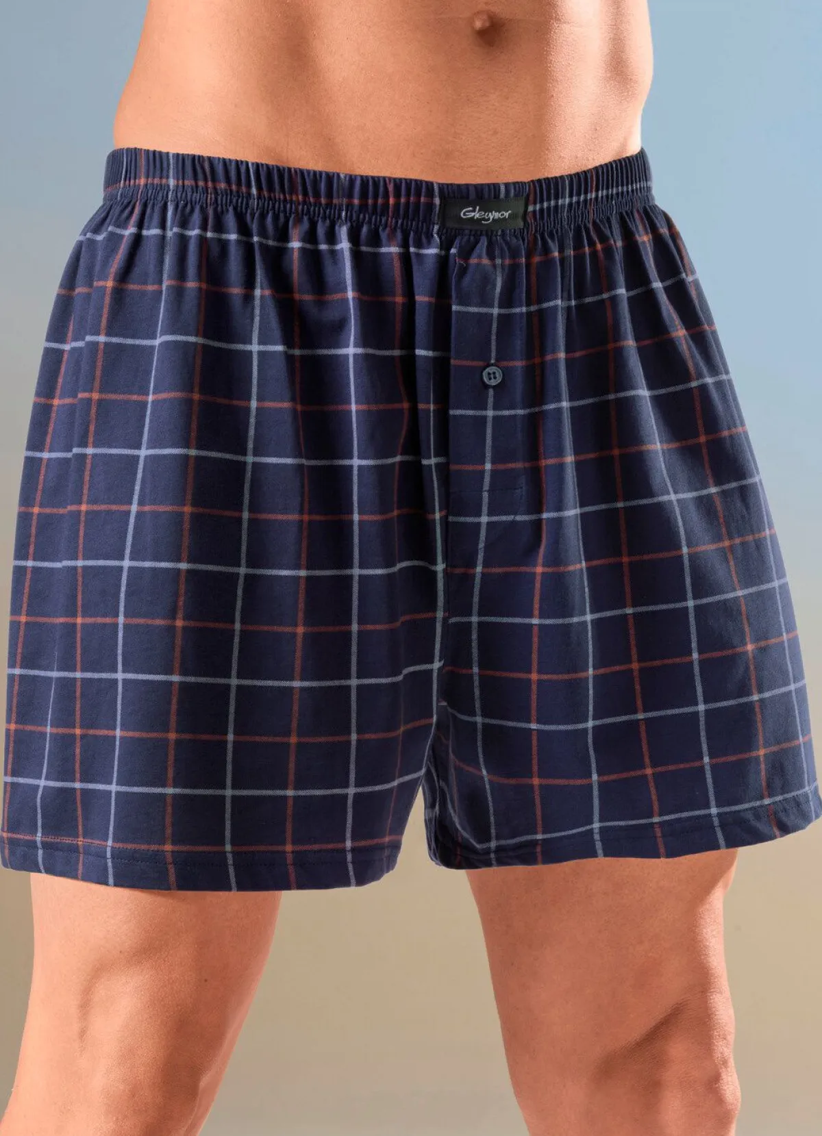 Best GLEYMOR Viererpack Boxershorts mit knöpfbarem Eingriff 2X MARINE GESTREIFT, 2X MARINE KARIERT