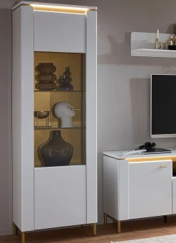 New BADER Vitrine mit LED-Beleuchtung und Softclose WEISS-GOLD
