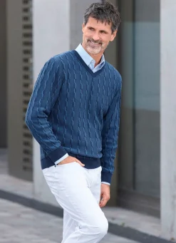BADER V-Pullover mit markantem Halsausschnitt in 3 Farben MITTELBLAU