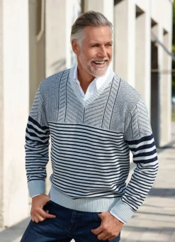 Sale BADER V-Pullover mit Streifen- und Strukturdessin MARINE-GRAU
