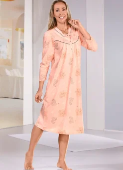 Online BADER Wadenlanges Nachthemd mit Knopfleiste und langen Ärmeln APRICOT-TAUPE-ORANGE-BUNT