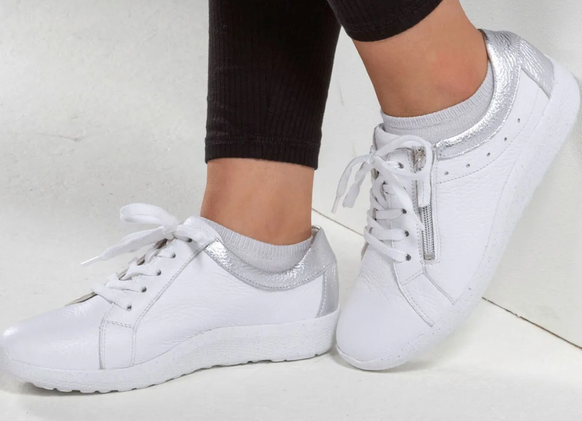 Discount BADER Waldläufer, bequeme Damen-Schnürschuhe, Weite K, mit herausnehmbarem Fußbett WEISS-SILBER