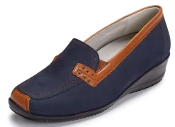 Clearance WALDLÄUFER Waldläufer, bequeme Damen-Slipper, Weite H, mit herausnehmbarem Fußbett MARINE-COGNAC