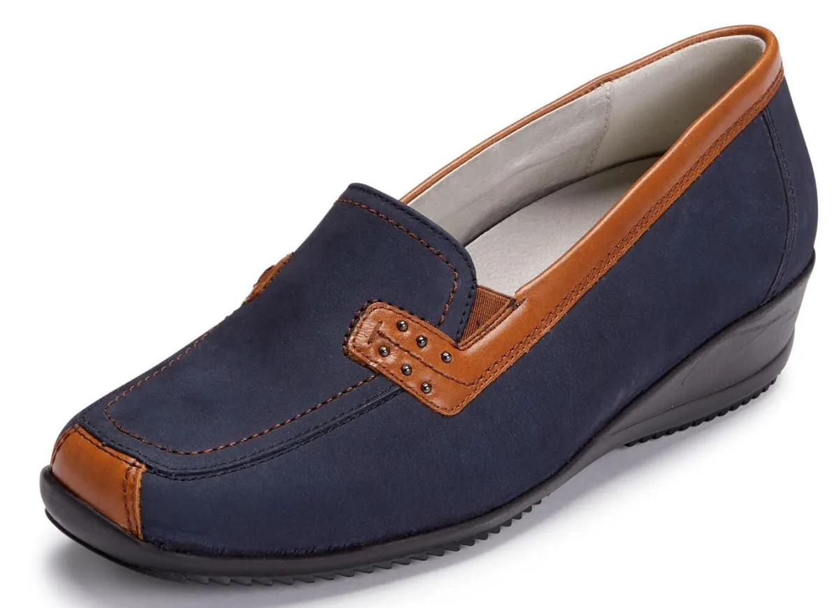 Clearance WALDLÄUFER Waldläufer, bequeme Damen-Slipper, Weite H, mit herausnehmbarem Fußbett MARINE-COGNAC