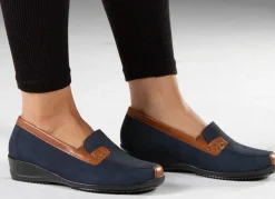 Clearance WALDLÄUFER Waldläufer, bequeme Damen-Slipper, Weite H, mit herausnehmbarem Fußbett MARINE-COGNAC