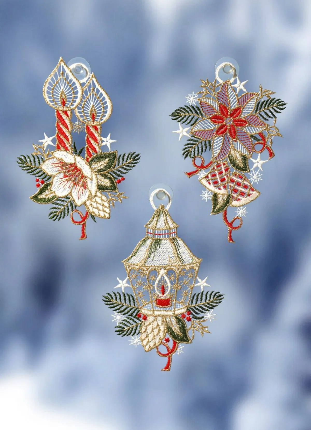 PLAUENER SPITZE Weihnachtliche Fensterbilder, 3er-Set BUNT