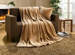 Outlet BADER Wohndecken und Kissenbezug aus Mikrofaser-Flausch CAMEL