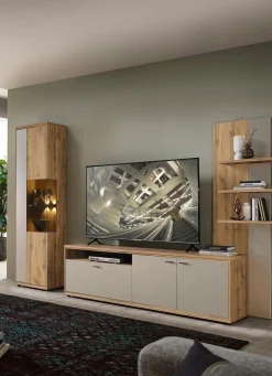 New BADER Wohnwand mit LED-Beleuchtung EICHE ALTHOLZ-KASCHMIR