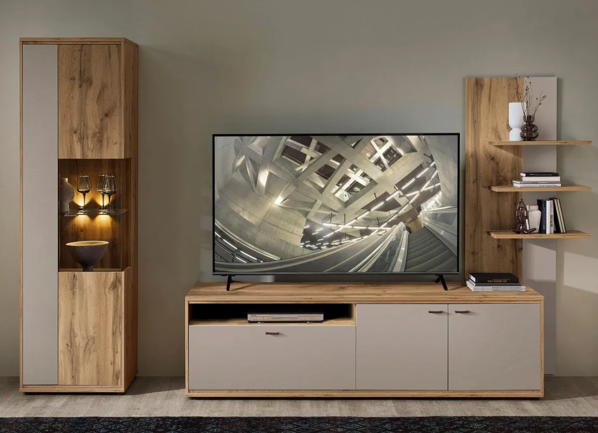 New BADER Wohnwand mit LED-Beleuchtung EICHE ALTHOLZ-KASCHMIR