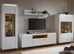 New BADER Wohnwand mit LED-Beleuchtung und Softclose WEISS-GOLD