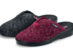 Best BADER Zweierpack, klassische Damen-Hausschuhe, Weite H, mit bedrucktem Veloursmaterial 1x BORDEAUX 1x SCHWARZ