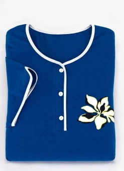 Outlet BADER Zweierpack Nachthemden, wadenlang und mit Knopfleiste 1X ROYALBLAU, 1X WEISS-ROYAL-BUNT