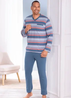 Best BADER Zweierpack Schlafanzüge mit V-Ausschnitt und Brusttasche 1X JEANSBLAU-BUNT, 1X MARINE-BUNT