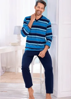 Best BADER Zweierpack Schlafanzüge mit V-Ausschnitt und Brusttasche 1X JEANSBLAU-BUNT, 1X MARINE-BUNT