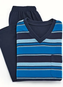 Best BADER Zweierpack Schlafanzüge mit V-Ausschnitt und Brusttasche 1X JEANSBLAU-BUNT, 1X MARINE-BUNT