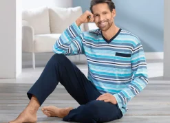Discount BADER Zweierpack Schlafanzüge mit V-Ausschnitt und offenen Abschlüssen 1X BLAU-BORDEAUX-MARINE, 1X RAUCHBLAU-TÜRKIS-NAVY