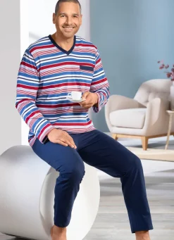 Discount BADER Zweierpack Schlafanzüge mit V-Ausschnitt und offenen Abschlüssen 1X BLAU-BORDEAUX-MARINE, 1X RAUCHBLAU-TÜRKIS-NAVY
