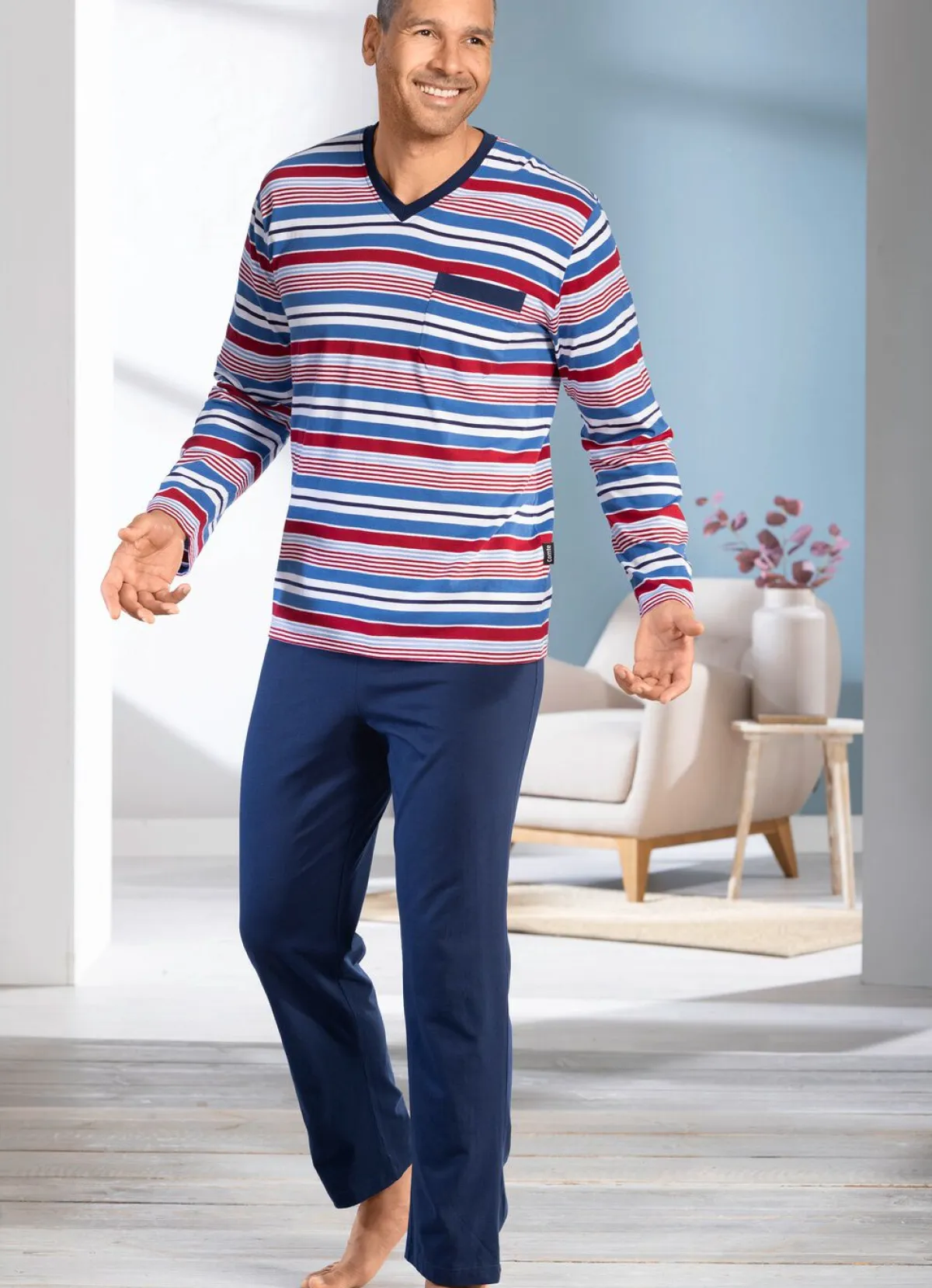 Discount BADER Zweierpack Schlafanzüge mit V-Ausschnitt und offenen Abschlüssen 1X BLAU-BORDEAUX-MARINE, 1X RAUCHBLAU-TÜRKIS-NAVY