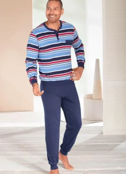 New BADER Zweierpack Schlafanzüge mit Knopfleiste und Bündchenabschlüssen 1X GRÜN-GRAFIT-BUNT, 1X HELLBLAU-MARINE-BUNT