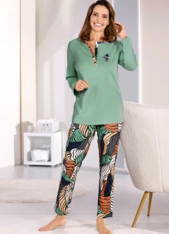 Discount LAURINA Zweierpack Schlafanzüge von mit Knopfleiste 1X JADE-BUNT, 1X MARINE-BUNT