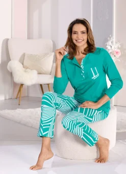 New LAURINA Zweierpack Schlafanzüge von mit Knopfleiste 1X AUBERGINE-WEISS, 1X LAGUNE-WEISS