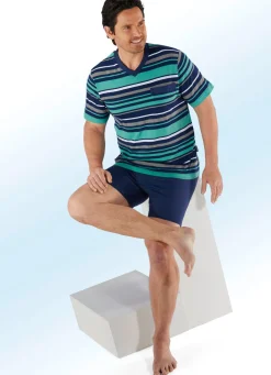 Best BADER Zweierpack Shortys mit V-Ausschnitt und garngefärbtem Ringeldessin 1X GRUEN-BLAU, 1X ROT-NAVY