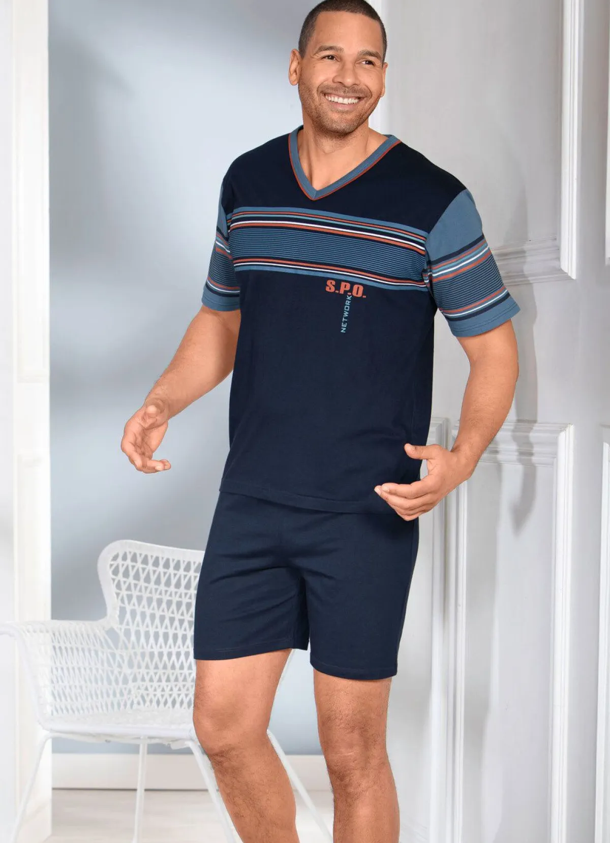 New BADER Zweierpack Shortys mit V-Ausschnitt und platziertem Druck 1X MARINE, 1X JEANSBLAU