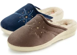 Sale BADER Zweierpack, warme Damen-Hausschuhe, Weite H, mit Wolle TAUPE+MARINE